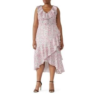 ELOQUII Floral Asymmetric Midi Dress Sleeveless Ruffled Wedding Guest Crepe 16